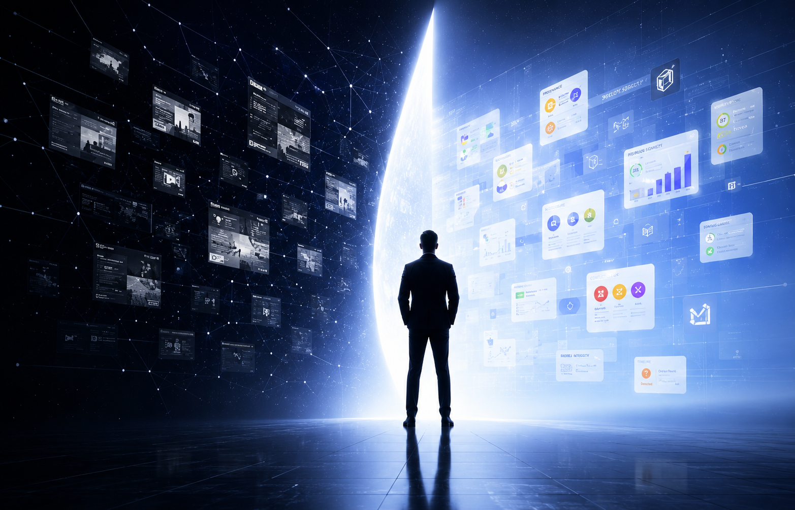 A person standing between hidden information and visible decision conditions